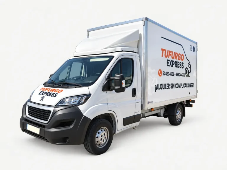 Camión Peugeot Boxer con caja y trampilla de alquiler en Murcia, rotulado Tufurgo Express